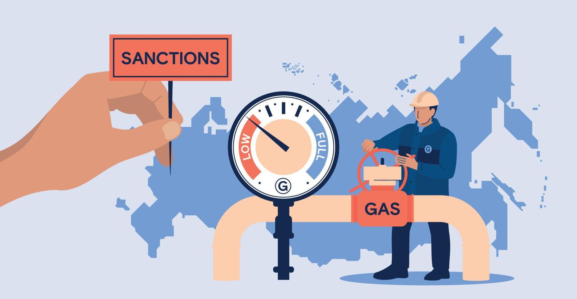 Gas supplies from Russia. Sanctions. A male worker turns a valve on a gas pipeline. Map of Russia. Vector image.