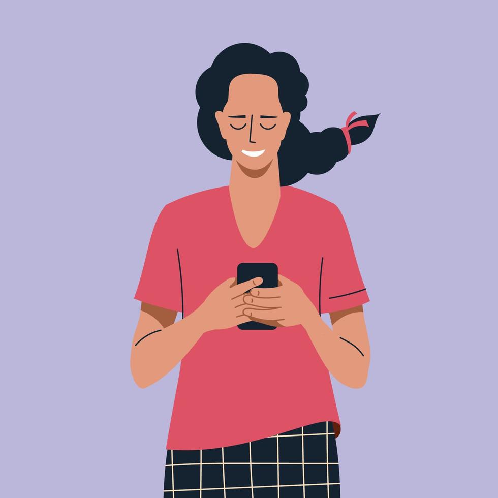 Woman with phone. The girl lowered her head and looks at the phone. Vector image.