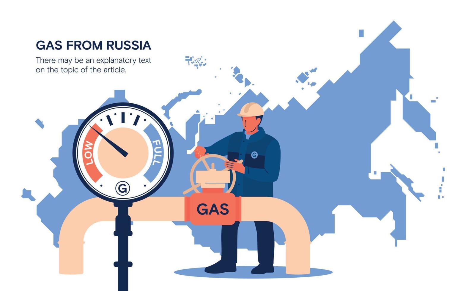 suministros de gas de rusia. sanciones un trabajador de sexo masculino gira una válvula en un gasoducto. mapa de rusia. imagen vectorial vector