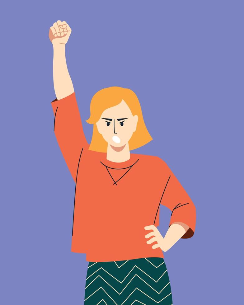 Protest. The girl raised her hand up and expresses dissatisfaction. Vector image.