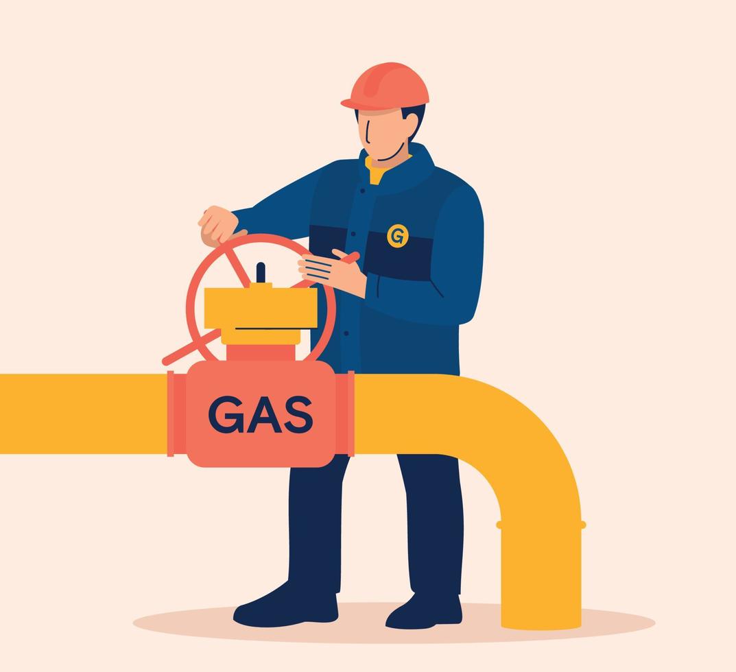 suministros de gas. sanciones un trabajador de sexo masculino gira una válvula en un gasoducto. imagen vectorial vector