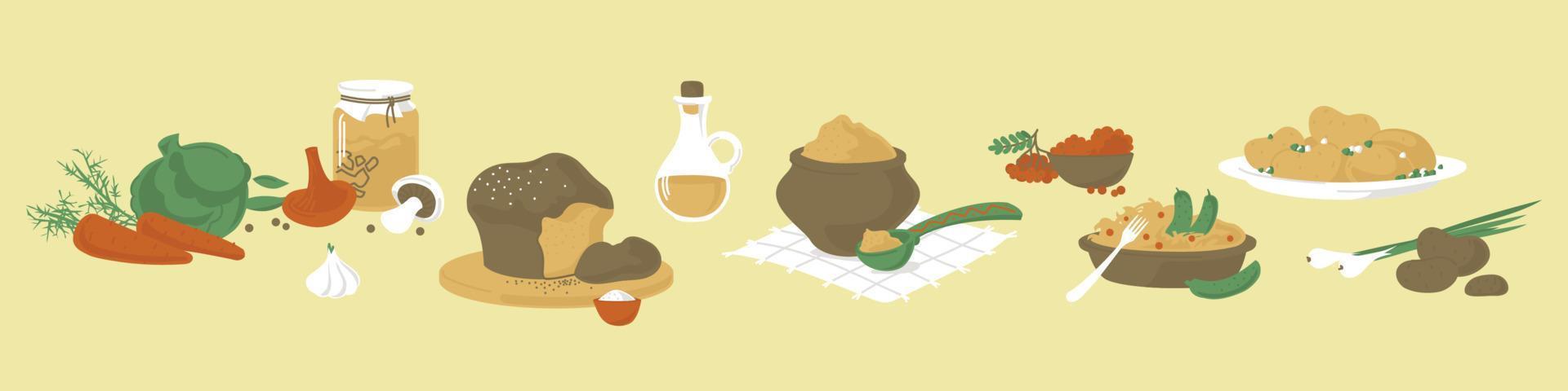 Dishes and products of Russian cuisine. Lenten food. Vector image.