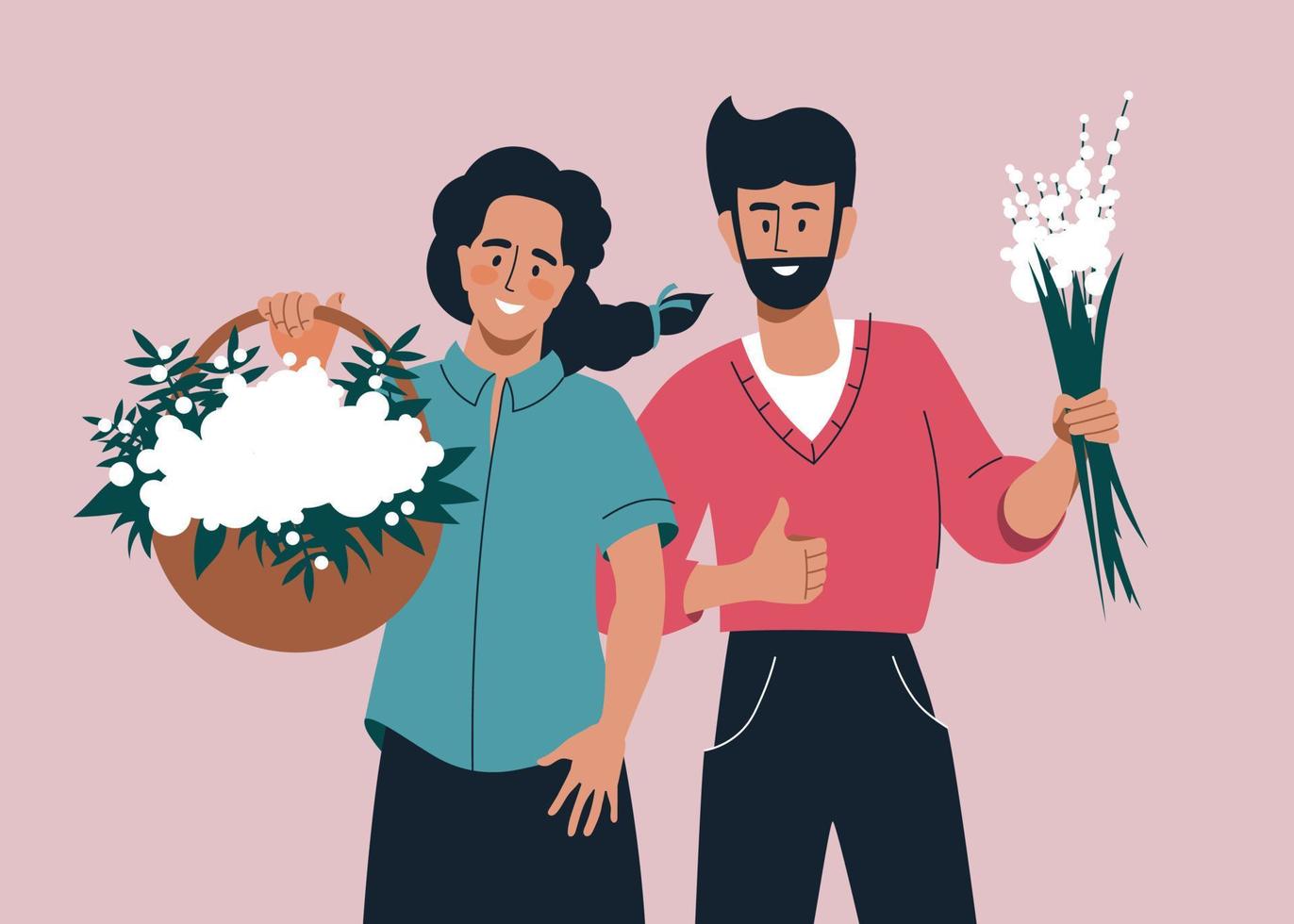 gente con flores. una mujer sostiene una canasta de flores. un hombre con un ramo de flores. imagen vectorial vector