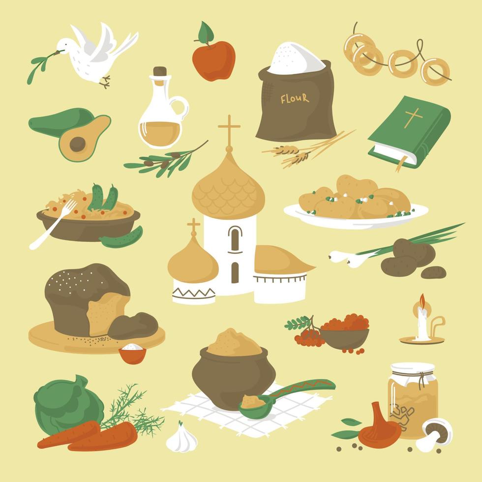 Great post. A set of lenten dishes and church paraphernalia. Religious holiday. Vector image.