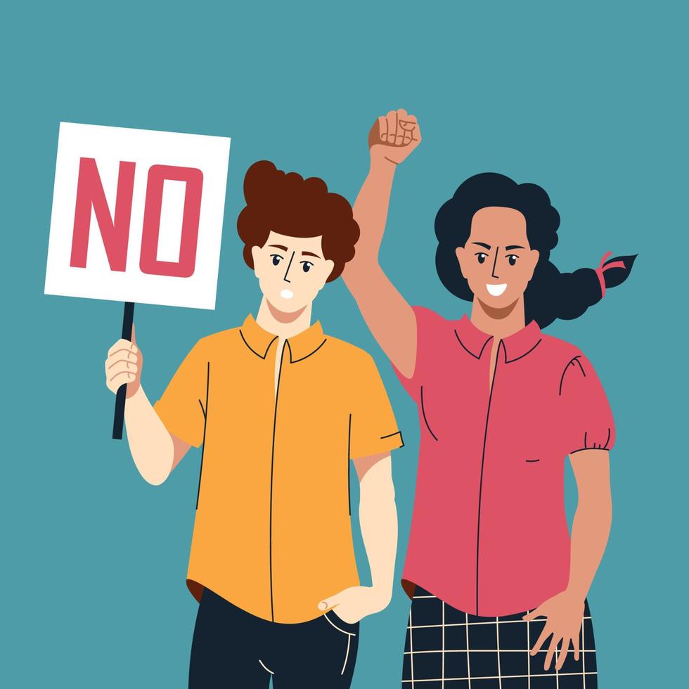 Protest, rally. The girl and the guy with the poster do not agree with what is happening. Vector image.