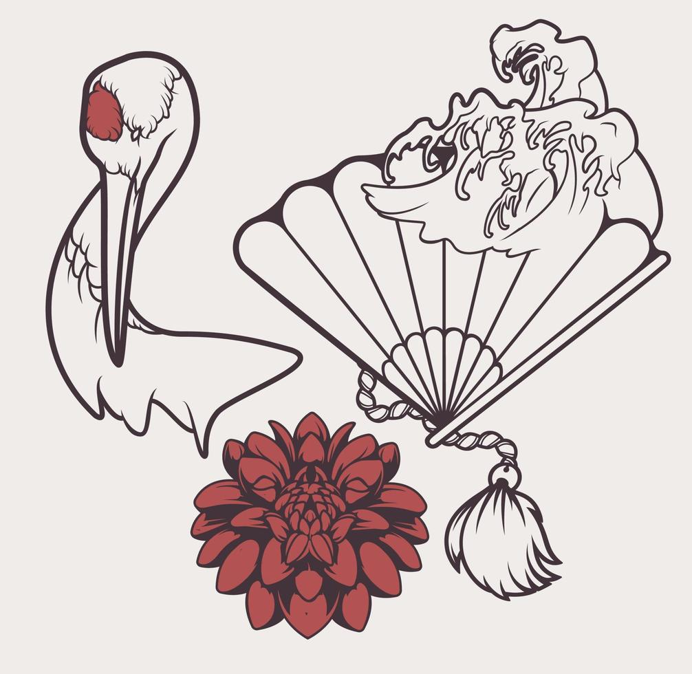 Set elements vector illustration with crane, fan, peony