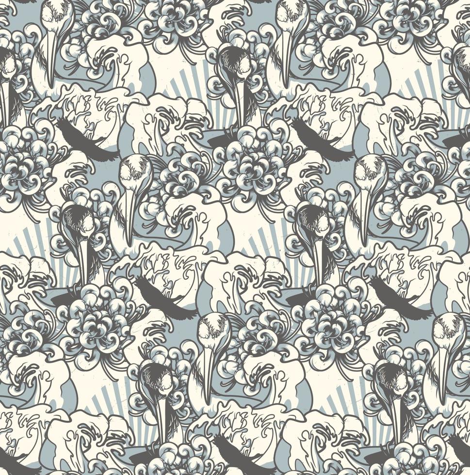 Monochrome seamless backround with a crane on the Japanese theme vector