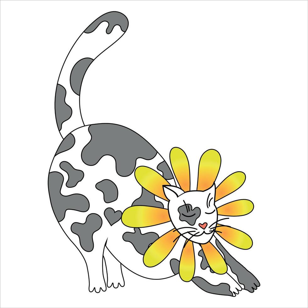 vector illustration, stretching cat in gray spots, in floral decoration, on a white background.