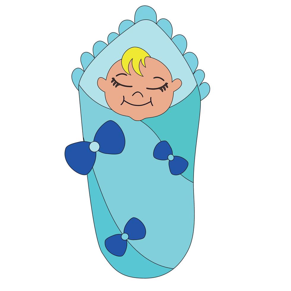 vector illustration of a baby boy with yellow bangs in a blue envelope.