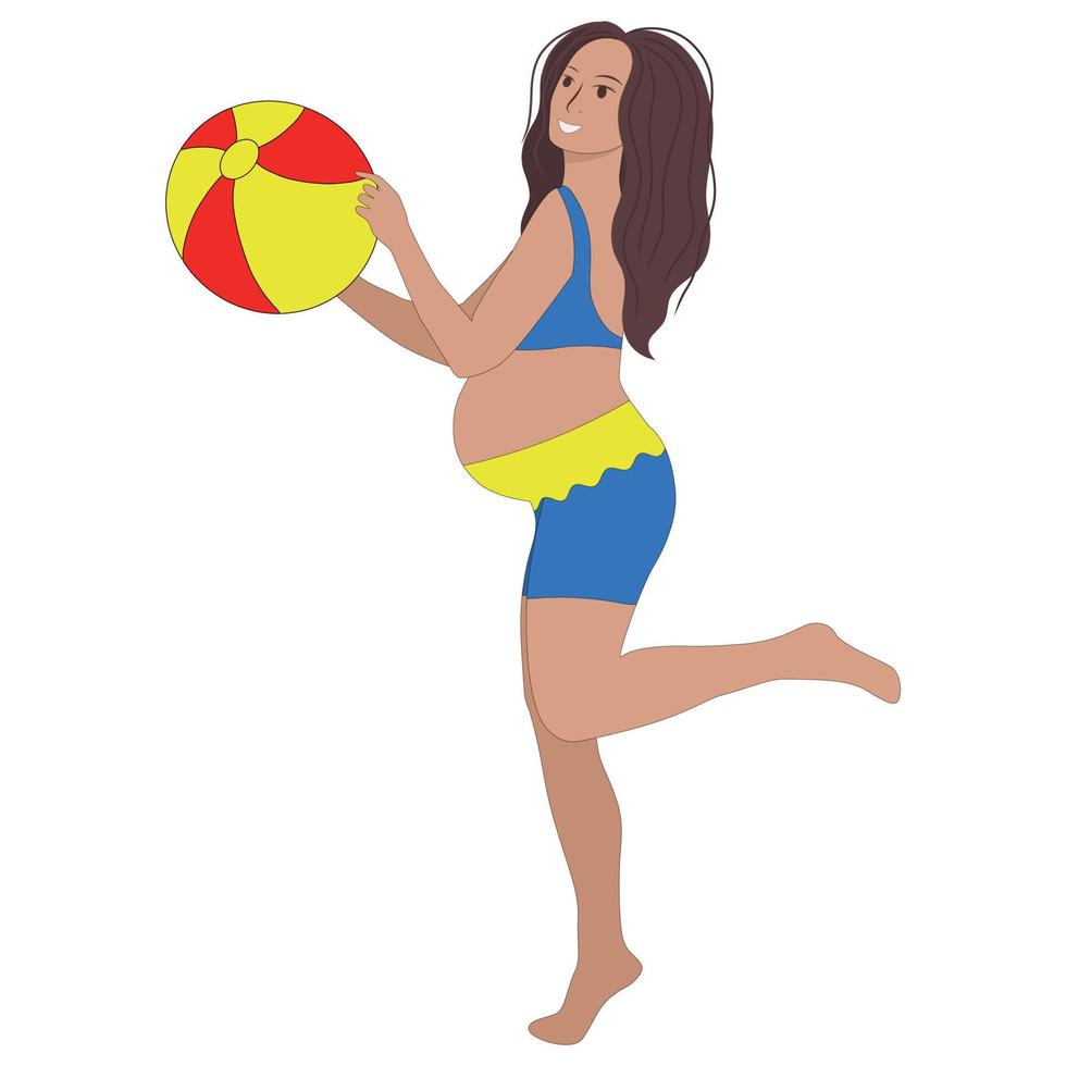 ilustración vectorial de verano, niña embarazada con una pelota de playa. vector