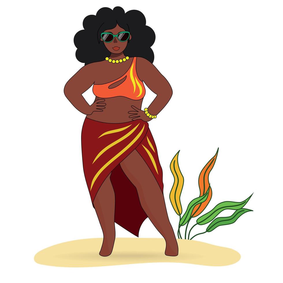 beautiful body positive dark-skinned girl in a swimsuit, pareo and sunglasses on the beach. vector