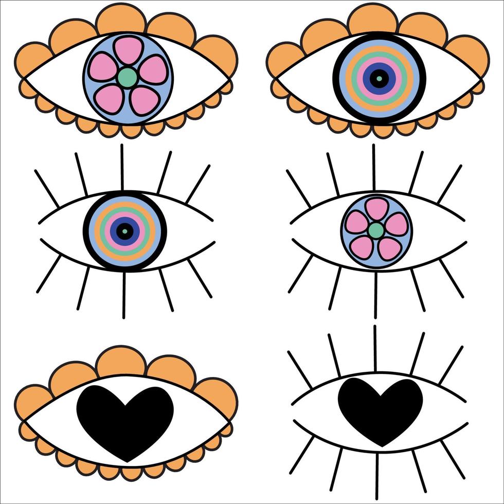 1970s style good mood. Psychedelic eye elements in retro style. Hand drawn. vector