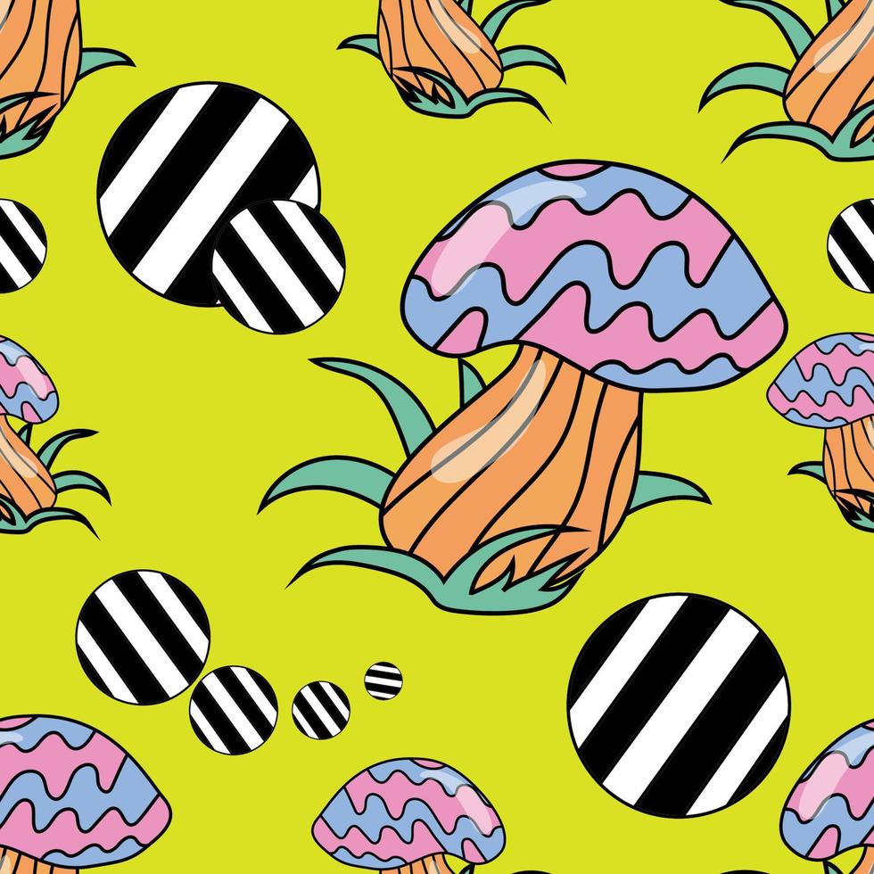 Psychedelic vintage pattern in the style of good vibes of the 1970s.retro illustration of mushrooms. vector
