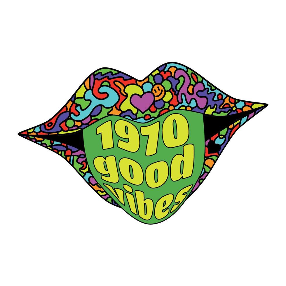 style of the 1970s good vibes. Psychedelic elements in retro style. Hand-drawn. vector