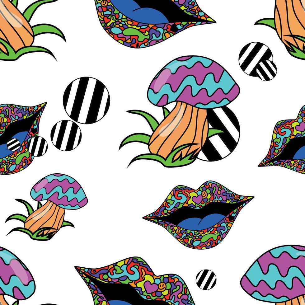 Psychedelic vintage pattern in the style of good vibes of the 1970s.retro illustration of mushroom lips. vector