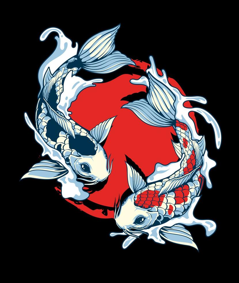 Detailed Hand Drawing Illustration of Two Koi Fish Swimming in the Waves with a Red Circle Background. vector