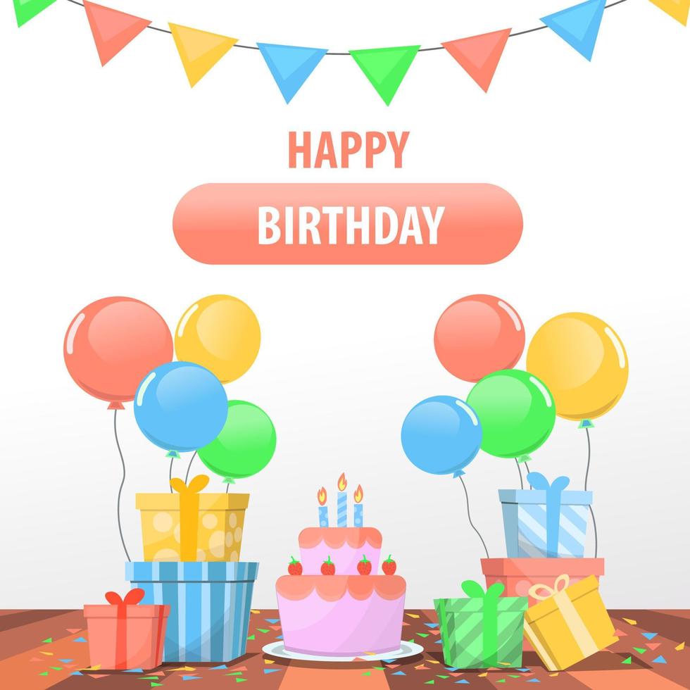 Happy birthday with balloons, birthday gifts, birthday cake, and confetti vector