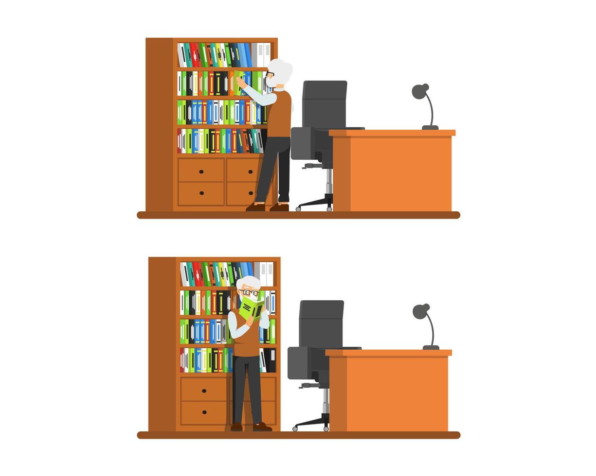 A professor is looking for research literature in his room vector