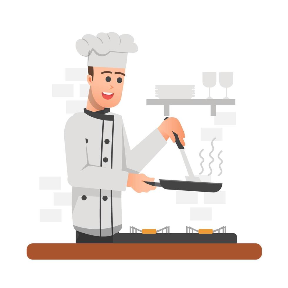 ilustración de un chef que está cocinando un plato vector