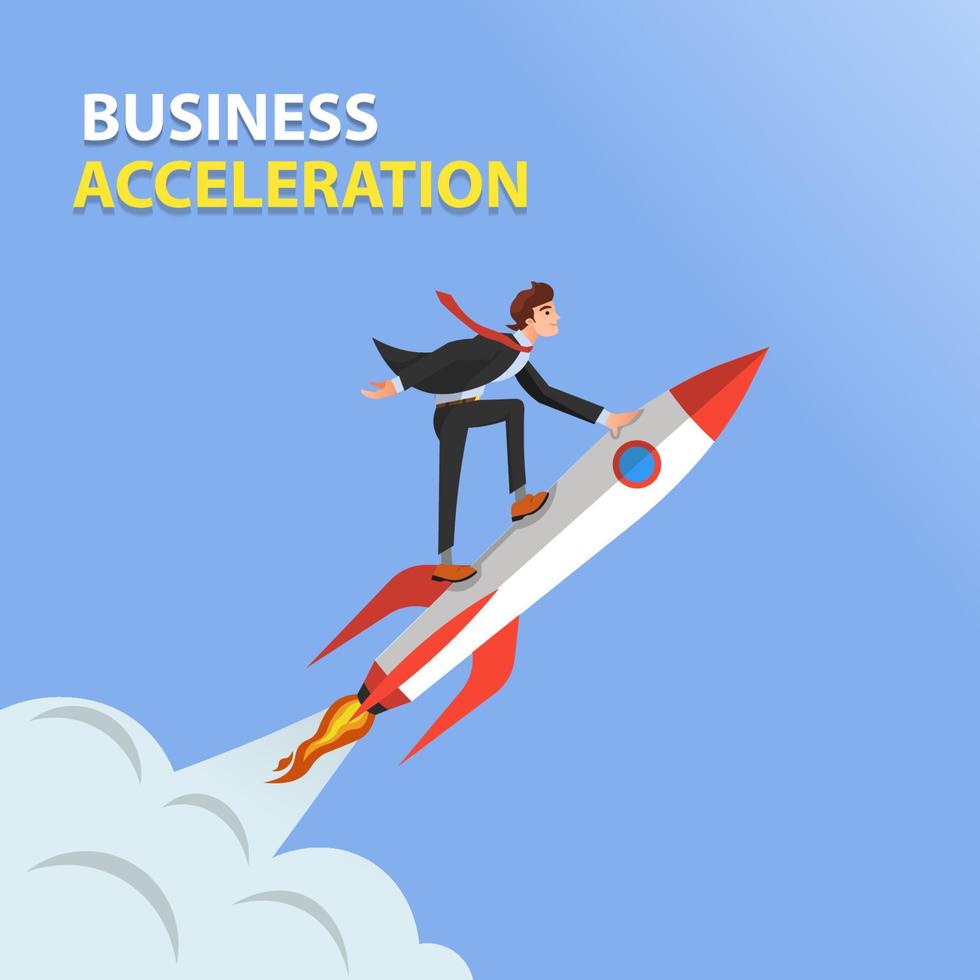 Concept of business acceleration, a man in a suit riding a rocket into space vector
