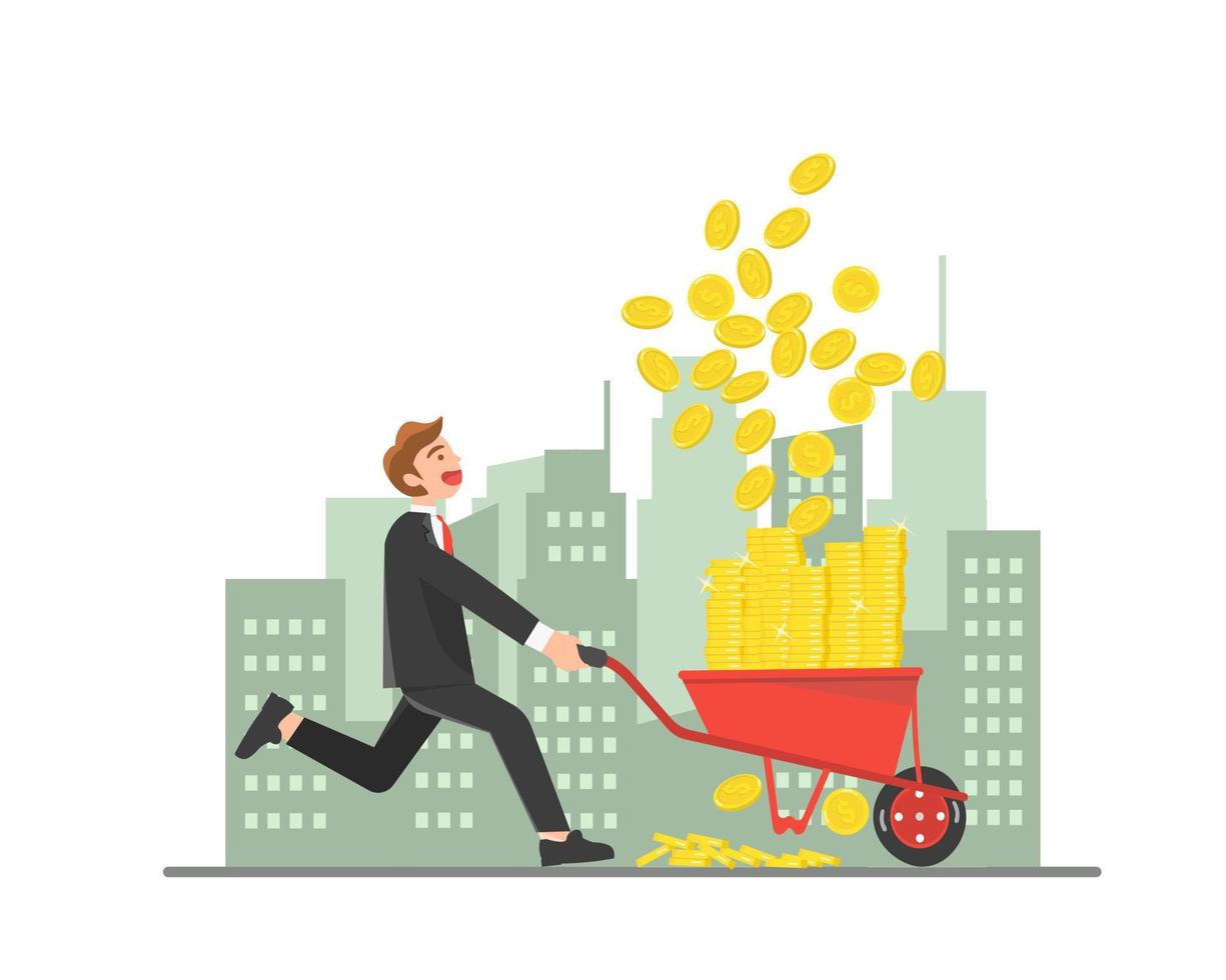 Businessman running pushing a wheelbarrow to collect the coins vector