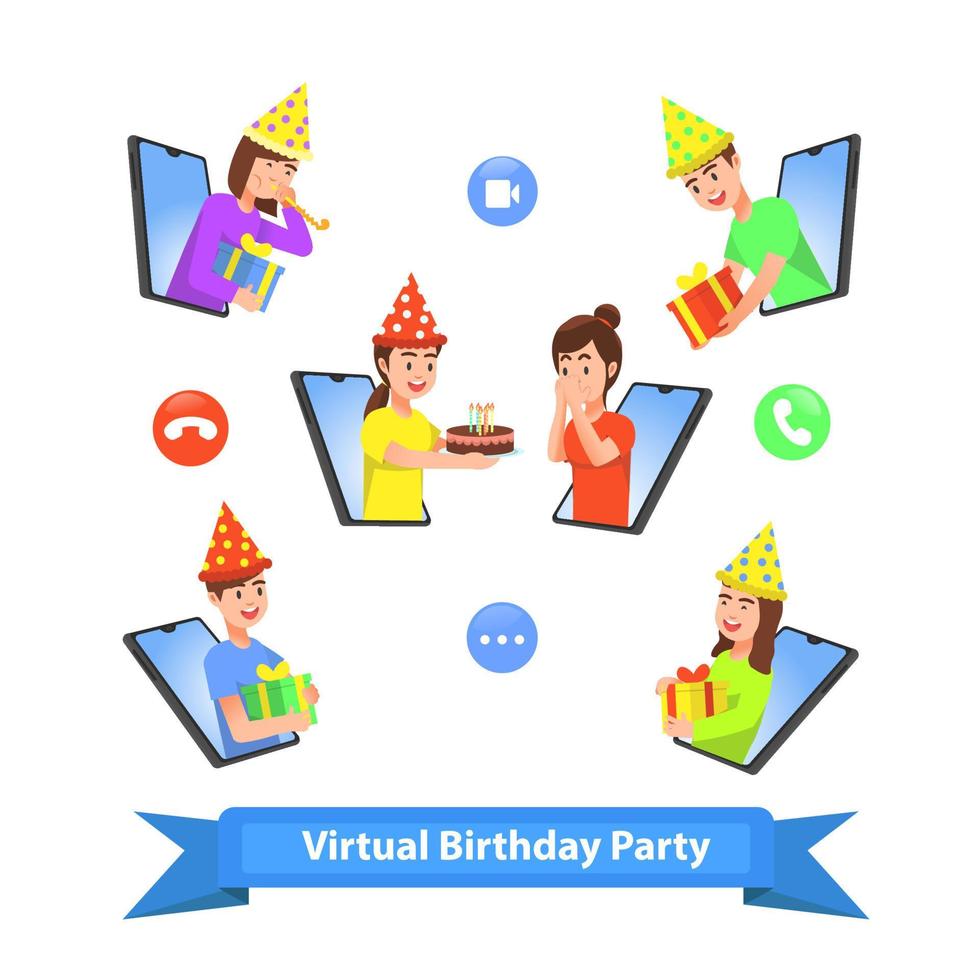 Teenagers who celebrate their friends' birthdays via smartphones vector