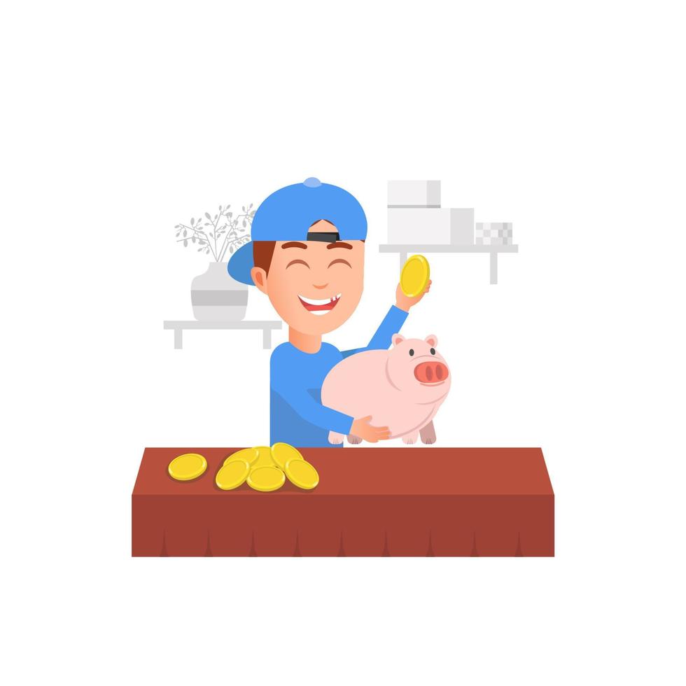 boy who saves coins in a piggy bank vector