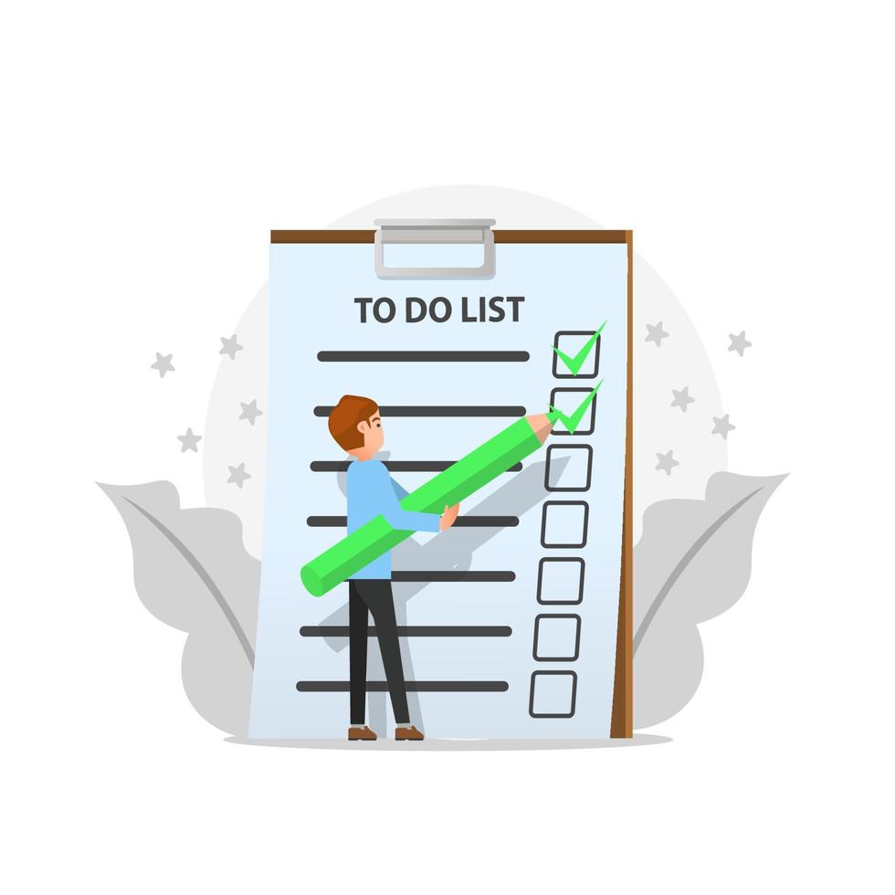 Illustration of a man checking to do list paper with a large green pencil vector