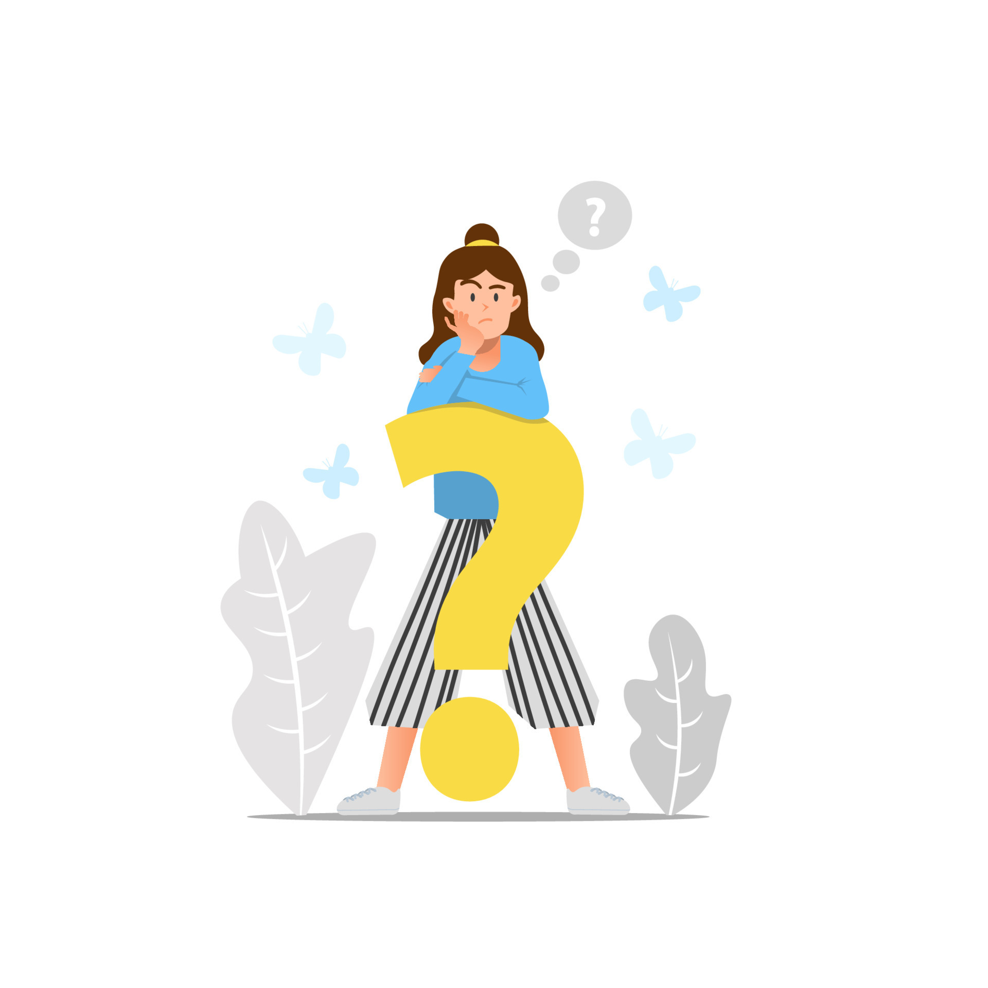 A woman stands on the big question mark 7942112 Vector Art at Vecteezy