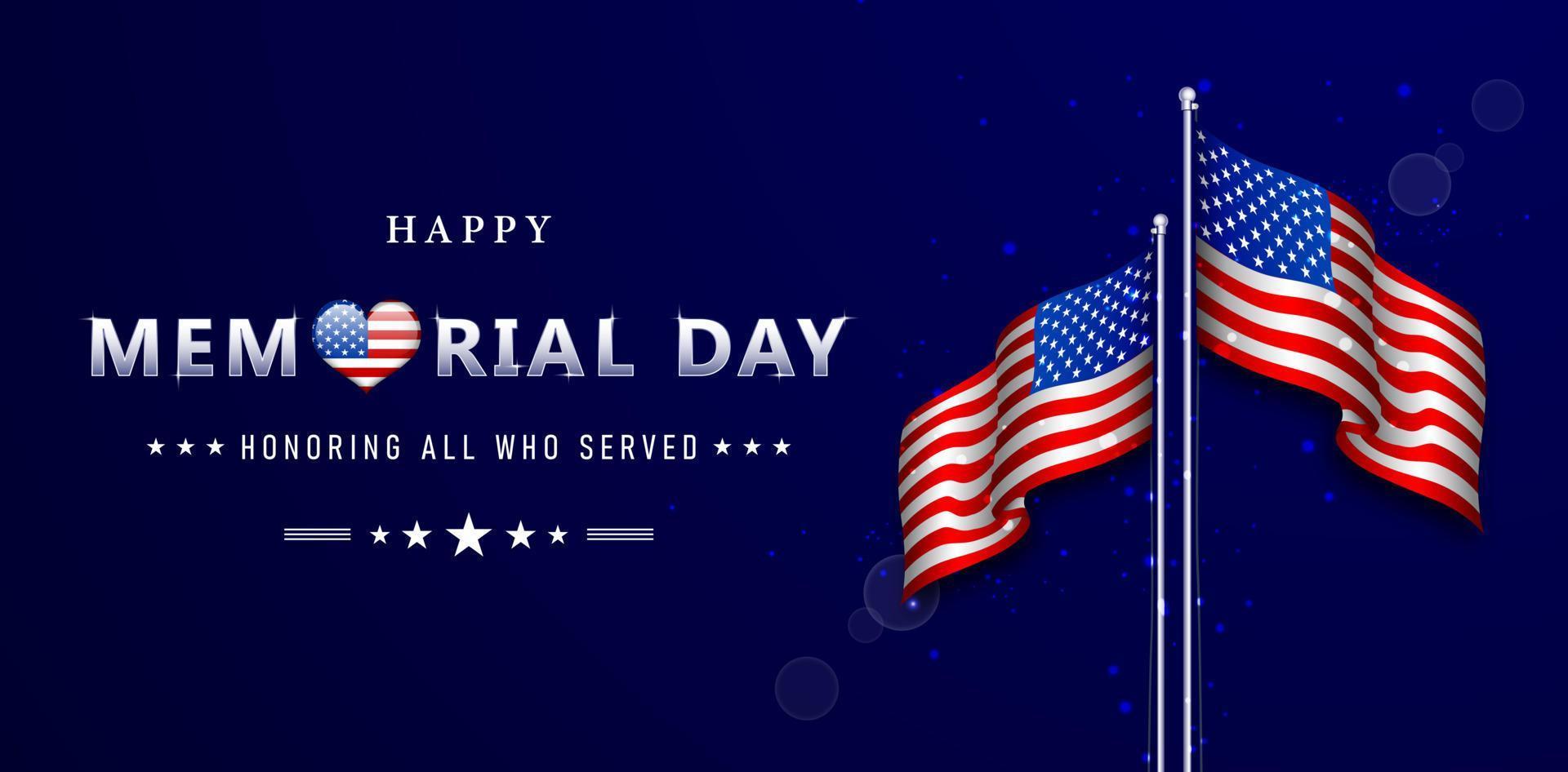 happy memorial day with two american countries flags backgrounds for website banner, poster corporate, sign business, social media posts, advertising agency, wallpaper, backdrop, ads campaign, header vector