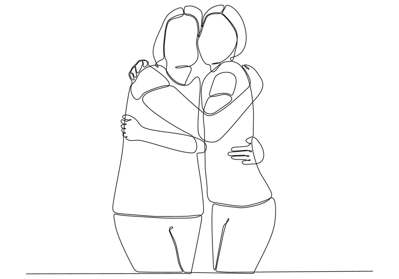 Continuous line drawing of cheerful women embracing each other. Two women hugging each other vector