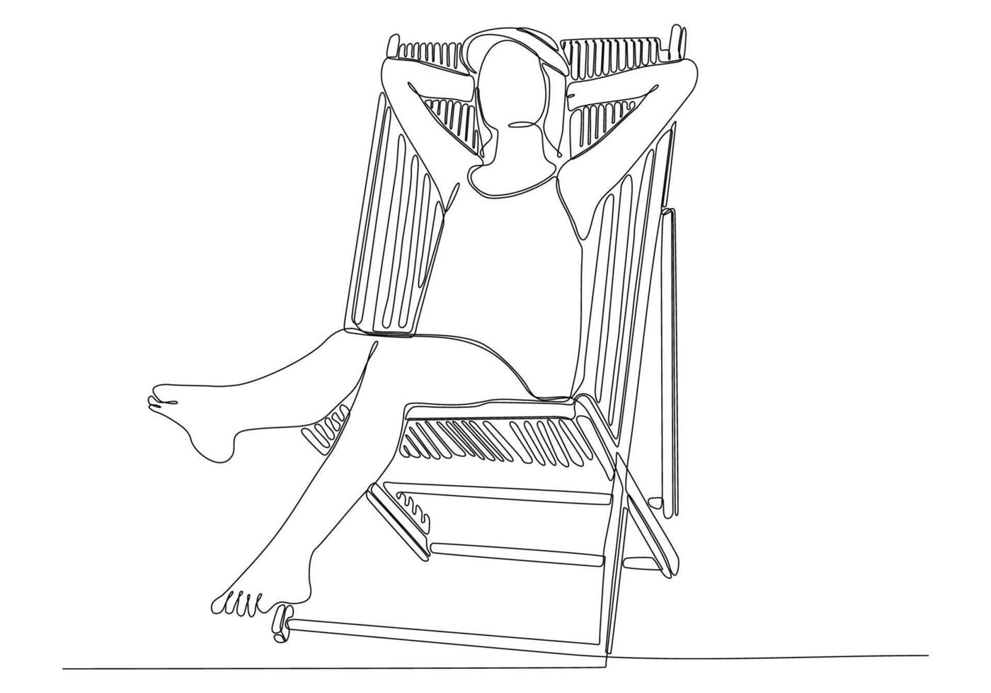 dibujo de línea continua de mujer relajándose y sentada en una tumbona junto a la playa aislada en fondo blanco vector