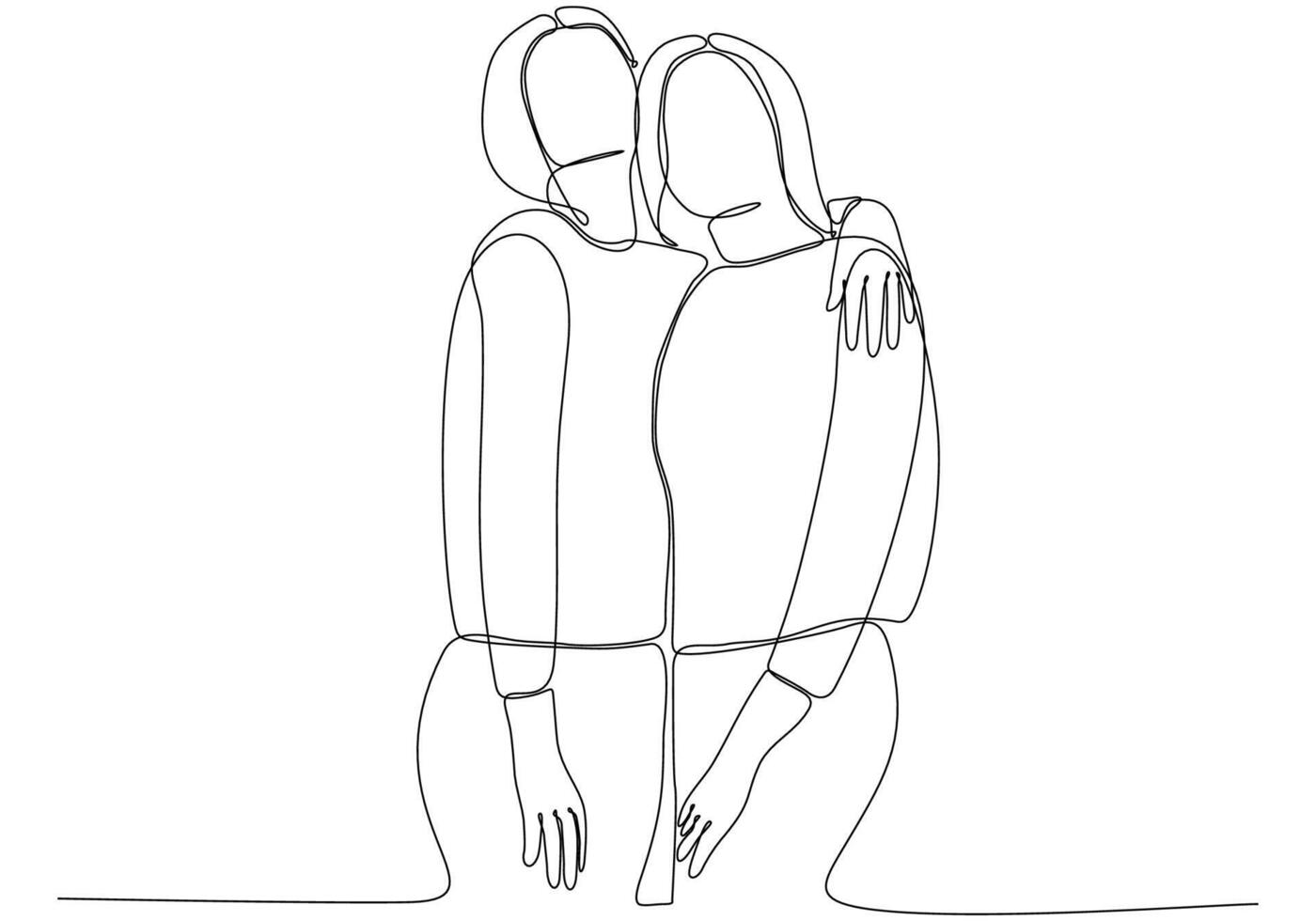 Continuous line drawing of cheerful women embracing each other. Two women hugging each other vector