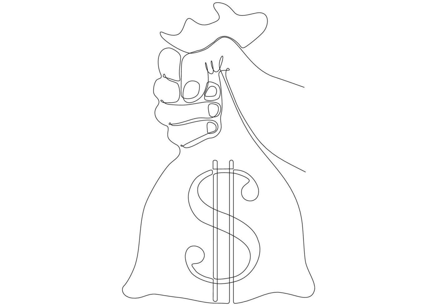 mano de línea continua sosteniendo un saco de billetes de dólar, diseño de ilustración vectorial. colección de manos. vector