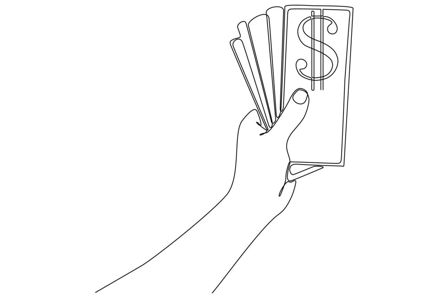 mano con billete en dólares, concepto de negocio rico, arroz, pago, efectivo o imagen vectorial de línea continua comercial. vector