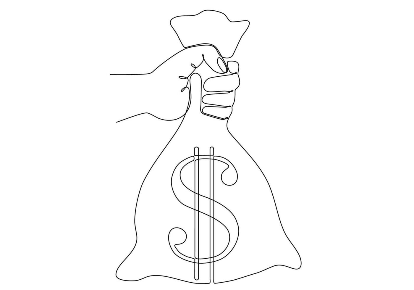 mano de línea continua sosteniendo un saco de billetes de dólar, diseño de ilustración vectorial. colección de manos. vector