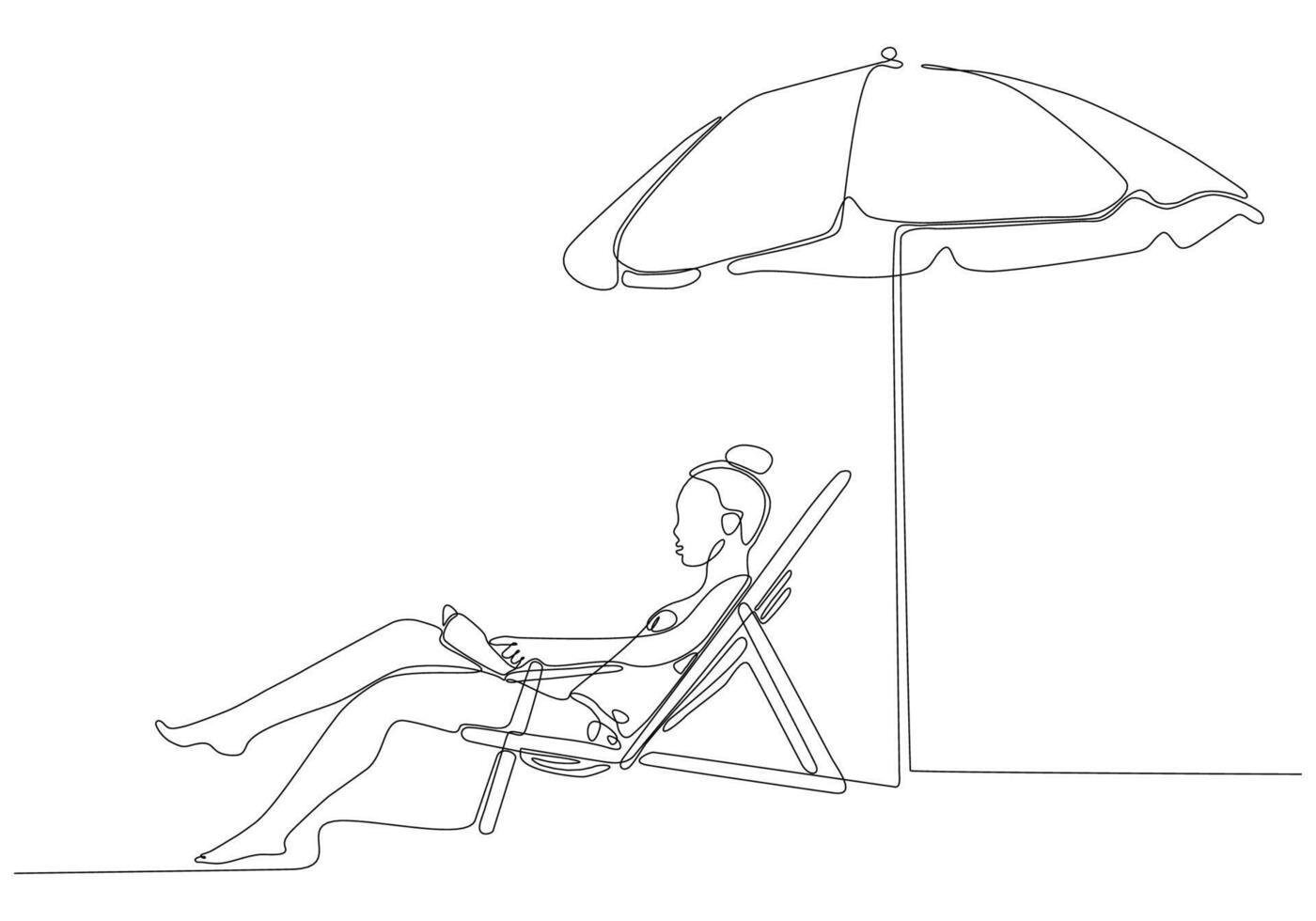 dibujo de línea continua de mujer relajándose y sentada en una tumbona junto a la playa aislada en fondo blanco vector