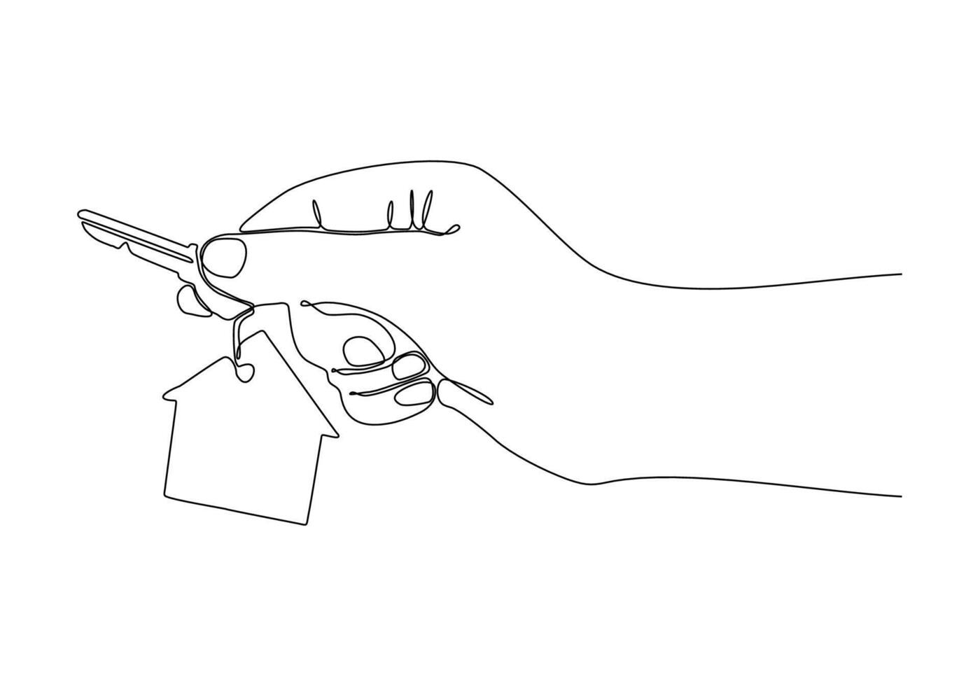 Outline drawing of sustainable house in hand with key. The concept of building housing for young families. vector