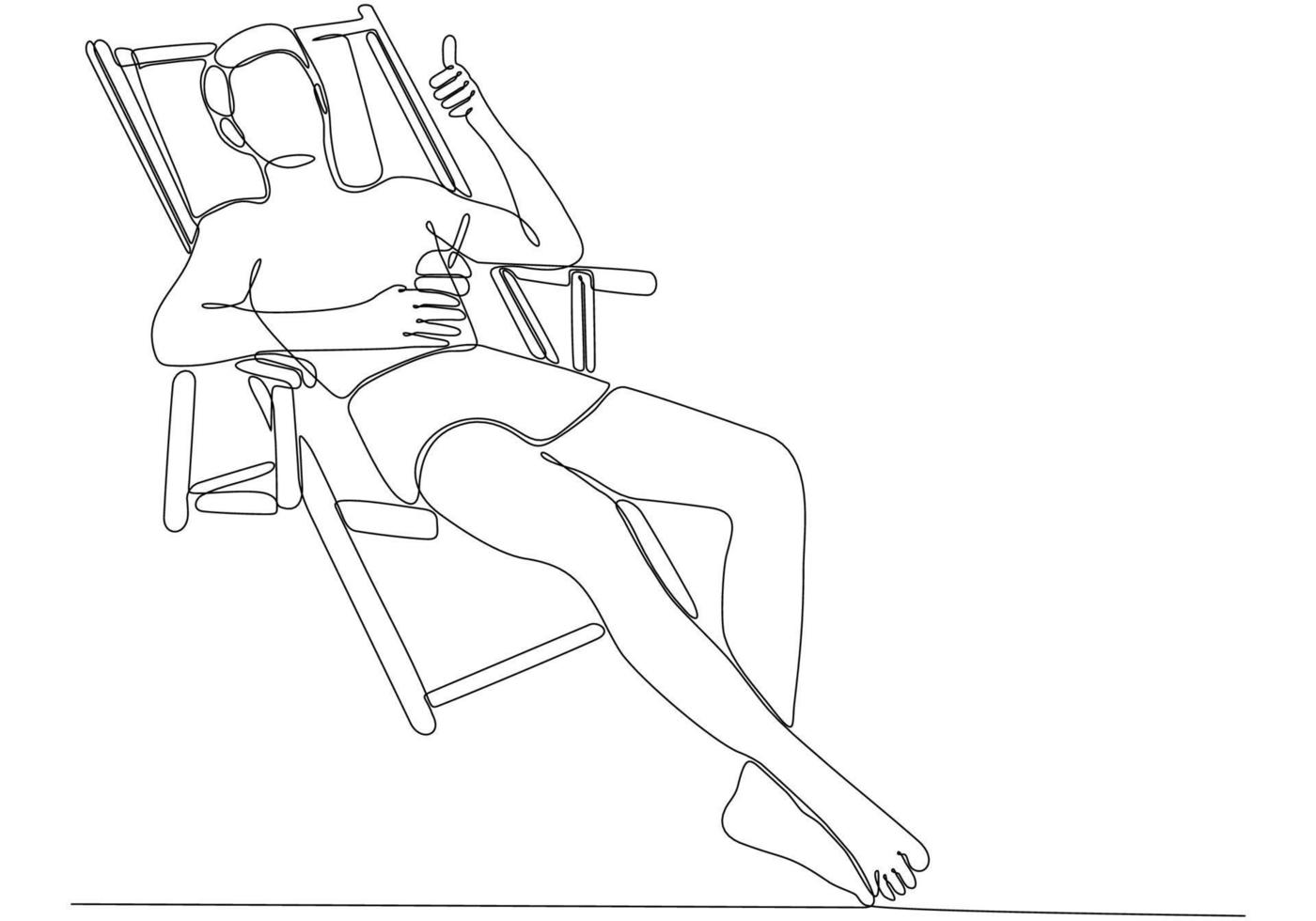 continuous line drawing of man drinking cocktail and sitting on deck chair by the beach isolated on white background vector illustration
