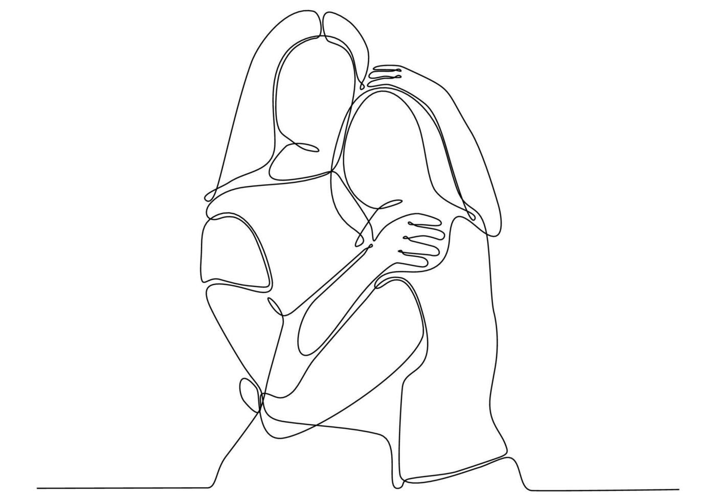 Continuous line drawing of cheerful women embracing each other. Two women hugging each other vector