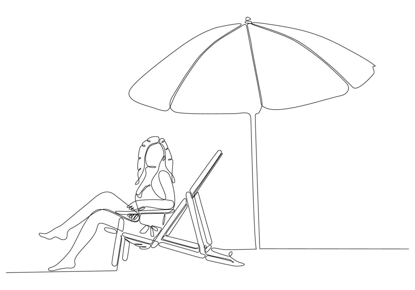 dibujo de línea continua de mujer relajándose y sentada en una tumbona junto a la playa aislada en fondo blanco vector