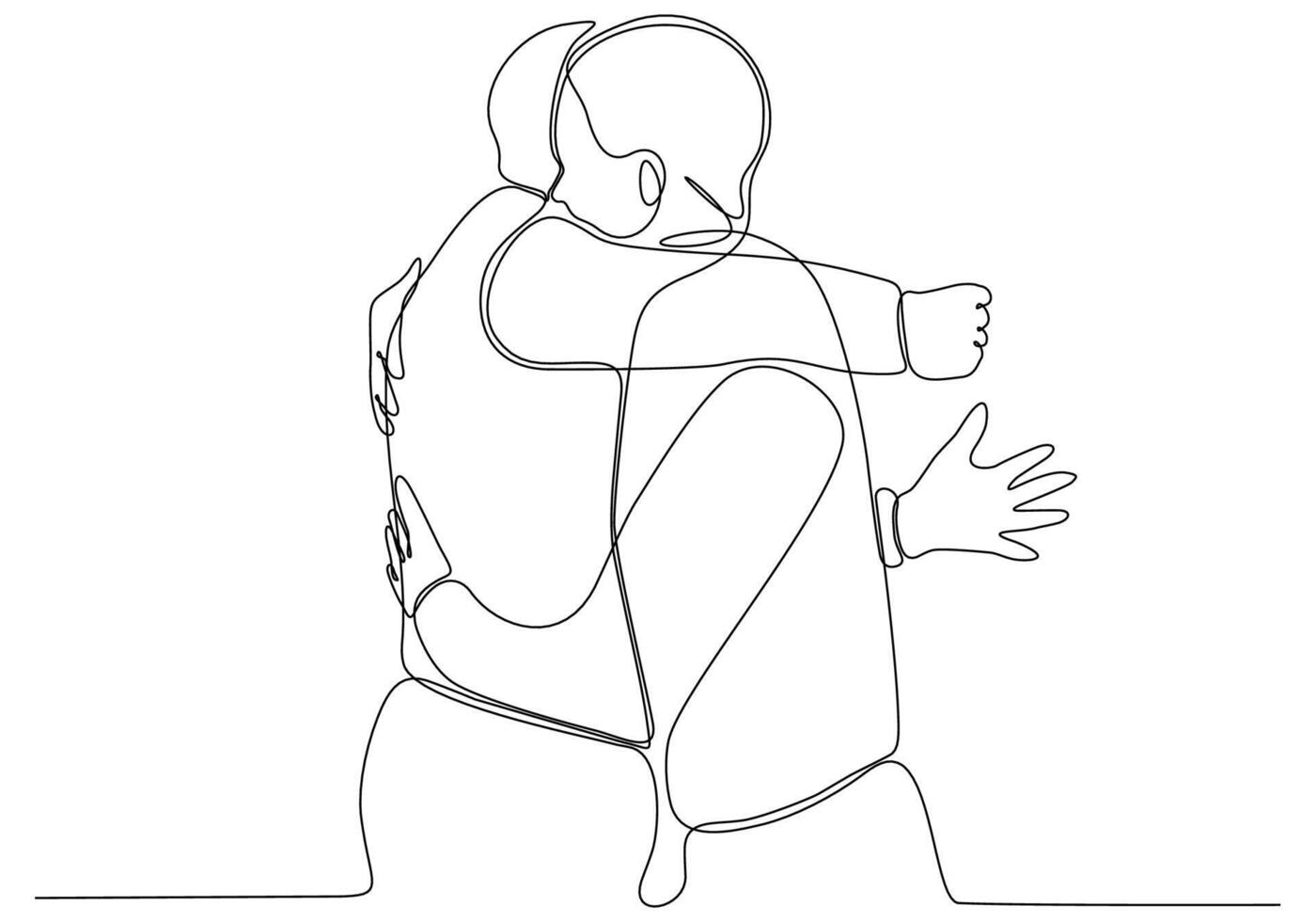 Continuous line drawing of cheerful friends embracing each other. Two young men hug each other. Felt happy friends meeting with hug isolated on white background. hug. embrace. Vector