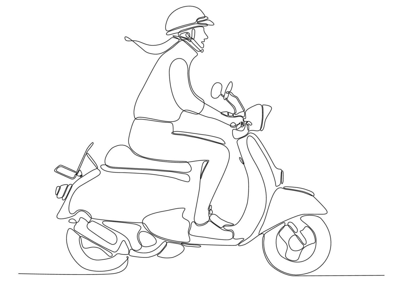 Continuous line drawing. Beautiful girl on a scooter. Vector illustration