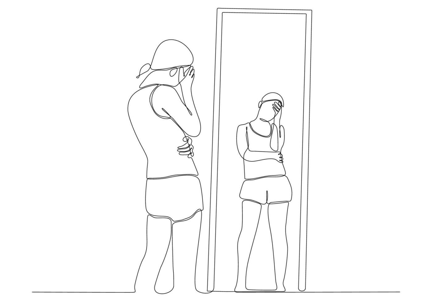Continuous line drawing of woman in mirror vector illustration
