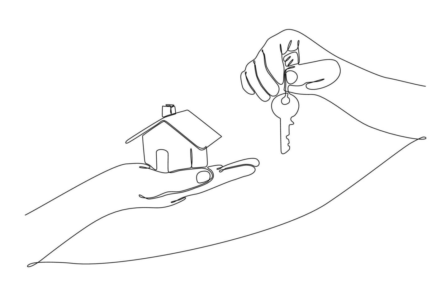 Outline drawing of sustainable house in hand with key. The concept of building housing for young families. vector