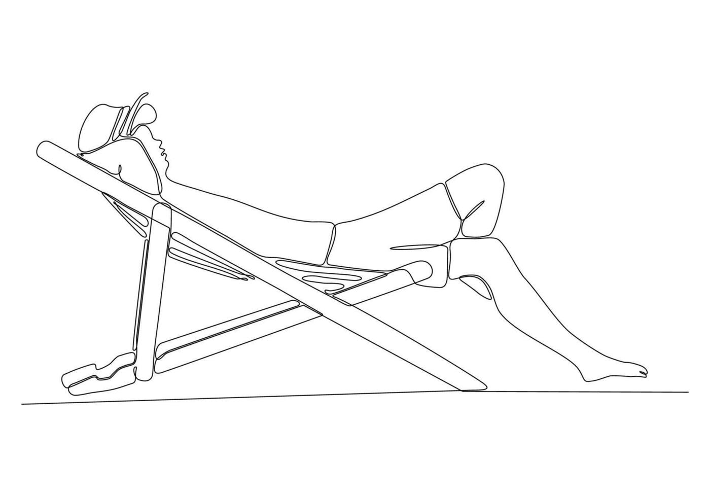 continuous line drawing of man drinking cocktail and sitting on deck chair by the beach isolated on white background vector illustration