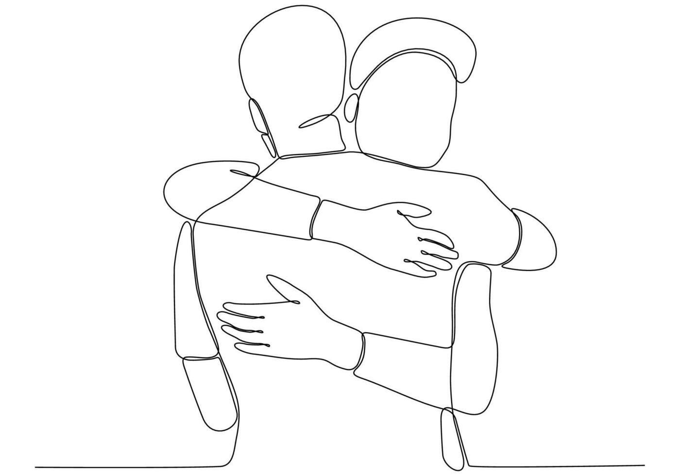 dibujo de línea continua de amigos alegres abrazándose unos a otros. dos jóvenes se abrazan. se sintió feliz reunión de amigos con abrazo aislado sobre fondo blanco. abrazo. abrazar. vector