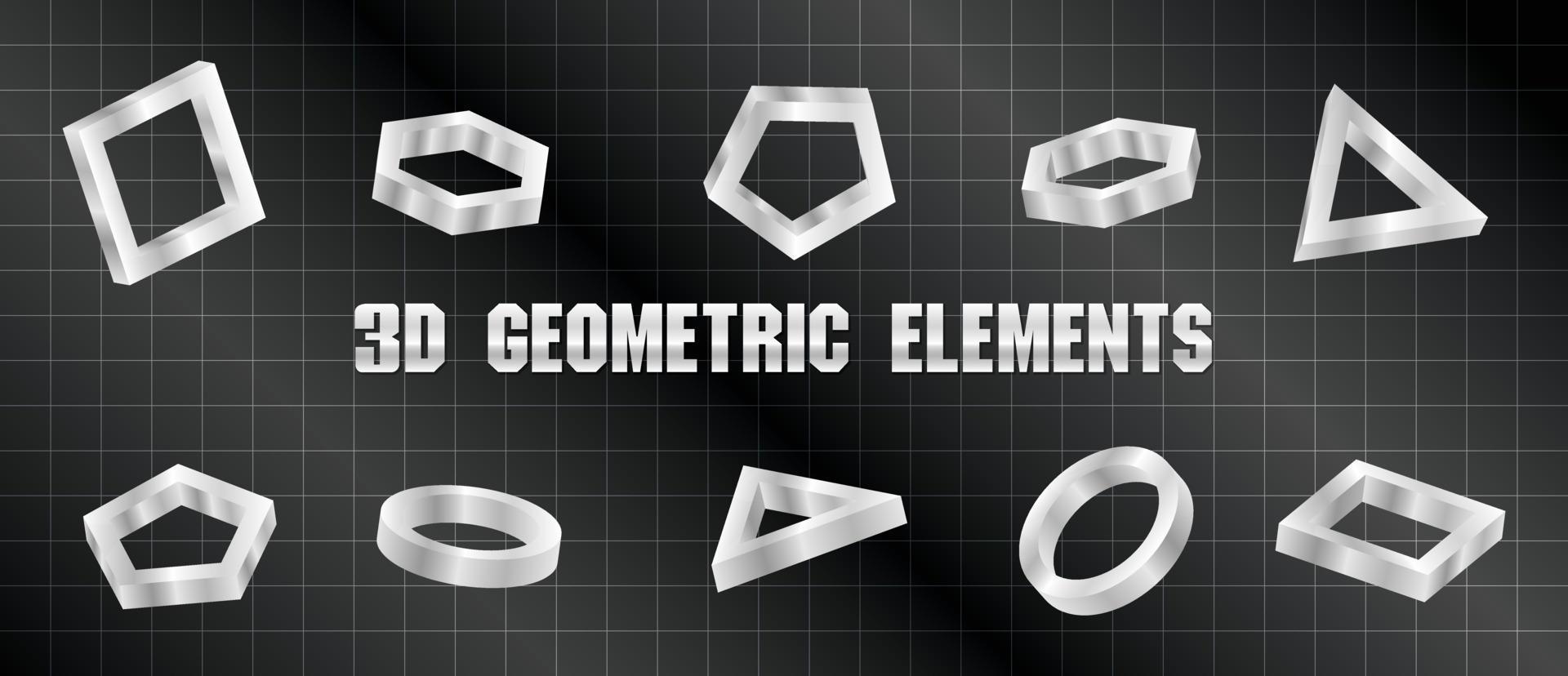 fresco cromo elementos geométricos 3d ilustración vector sobre fondo de rejilla negra