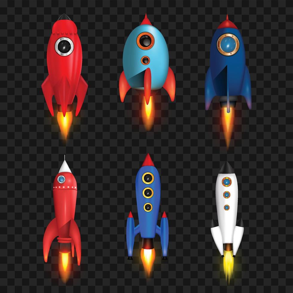 Realistic vector retro space rocket ship launch icon set isolate on transparent background. Vector background with retro space rocket ship launch, Template
