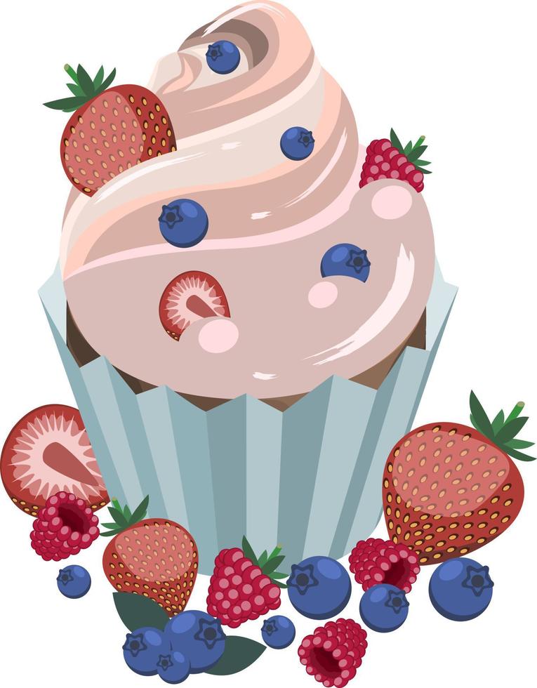 Vector isometric illustration of cupcake dessert served with fresh berries, blueberry, strawberry, raspberry. Isolated on white background.